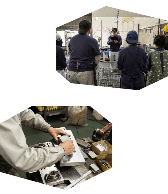 朝礼の様子、業務の様子